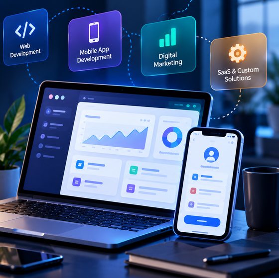 Laptop and smartphone showing an analytics dashboard, surrounded by web development, mobile app, digital marketing and SaaS service icons