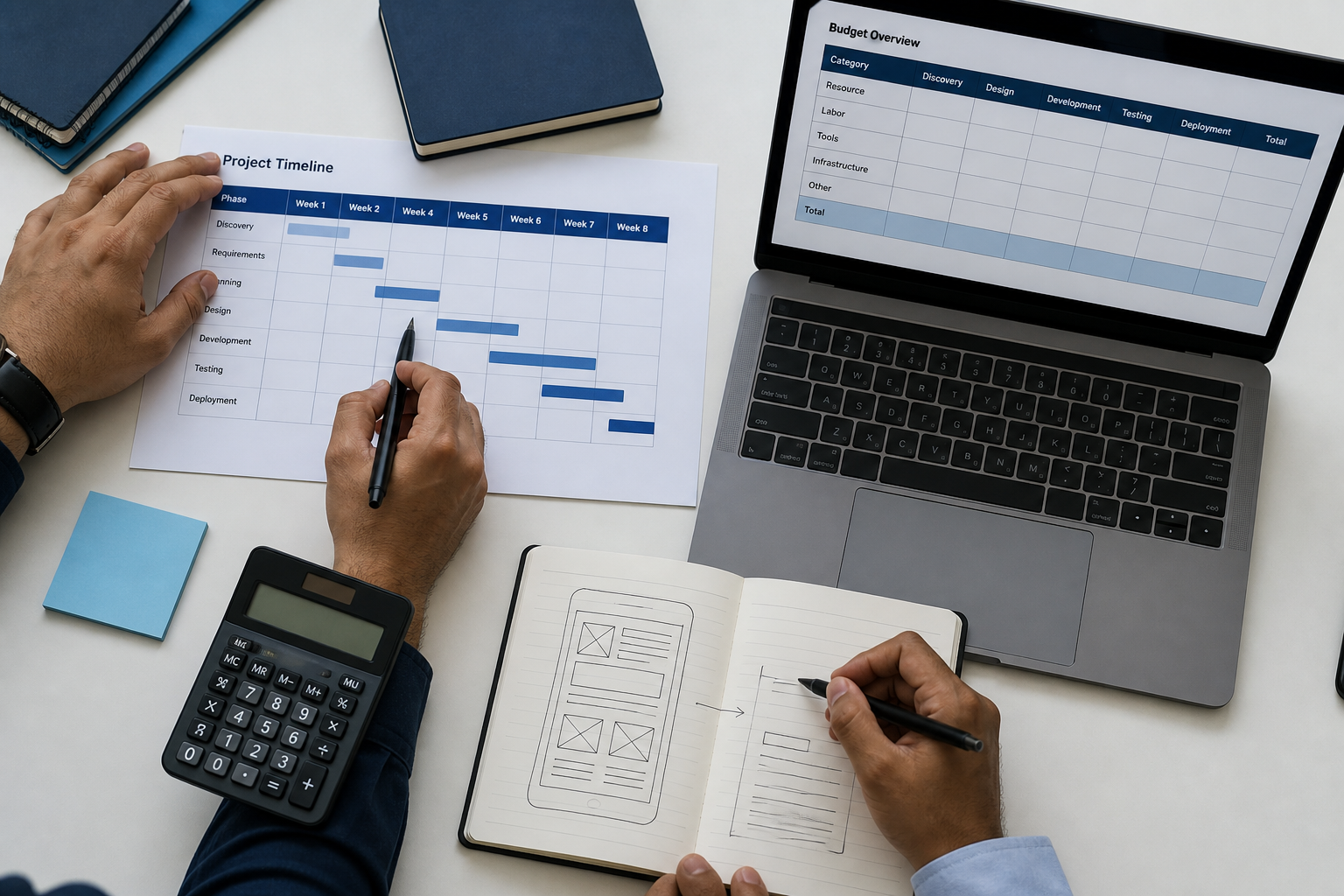 Planning a custom software budget with a project timeline and laptop
