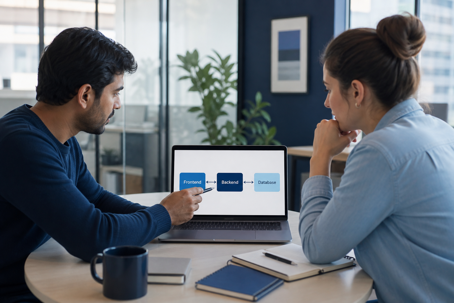 Startup team reviewing a technology stack plan on a laptop